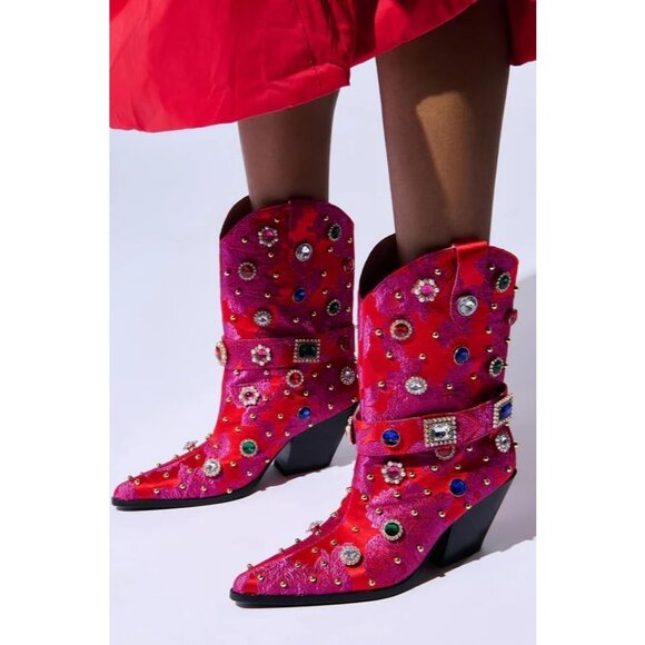 Western Flower Embroidered Cowgirl Boots Red Rhinestone Chunky Heel Women - Picture 6 of 7